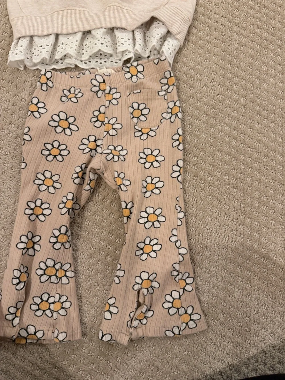 Jessica Simpson Cream Eyelet Top & Beige Floral Bell-Bottoms Kids Set